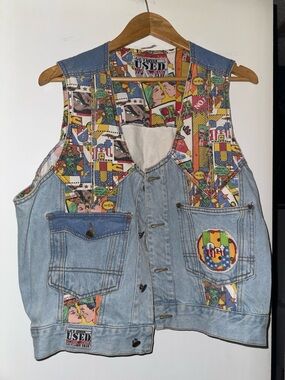 Vintage-Inspired Light Blue Denim Vest with Multicolor Comic Print (unisex )